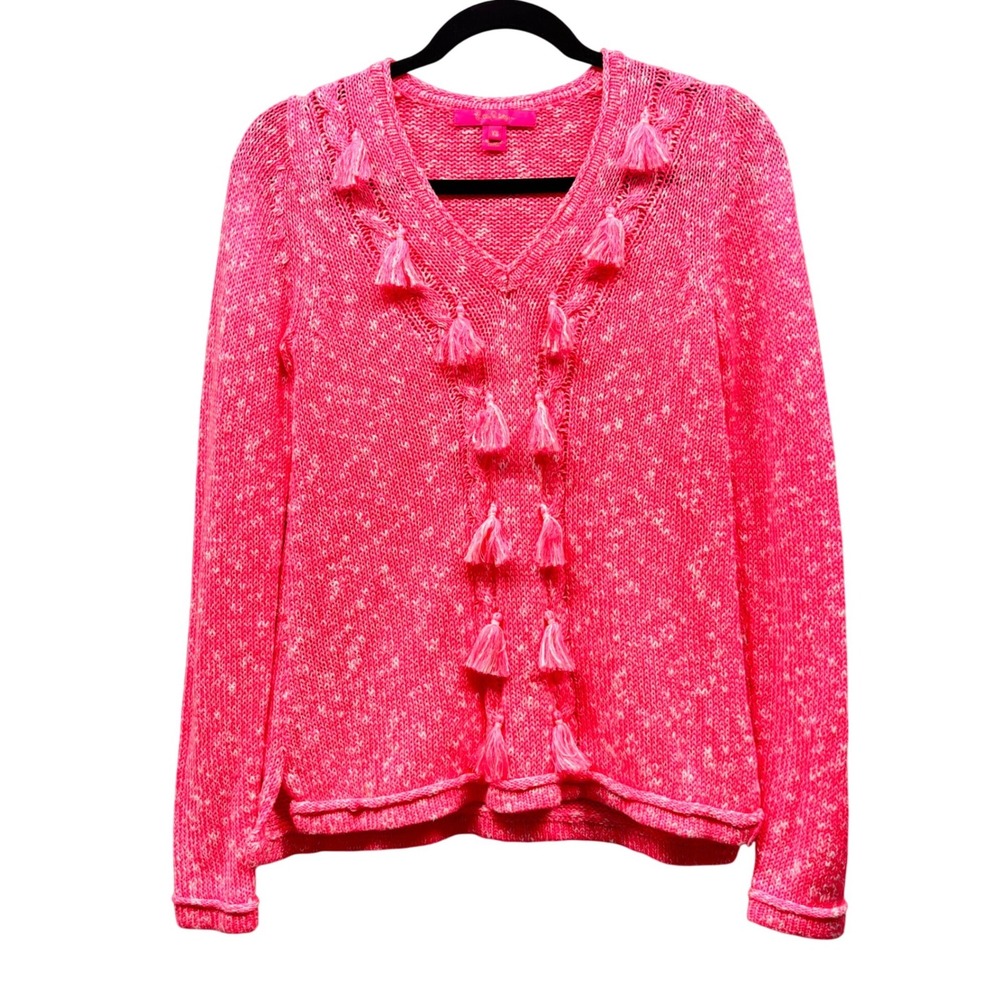 Lilly Pulitzer Pink White Marled Tassel V-Neck Sweater XS Neon Coastal Preppy